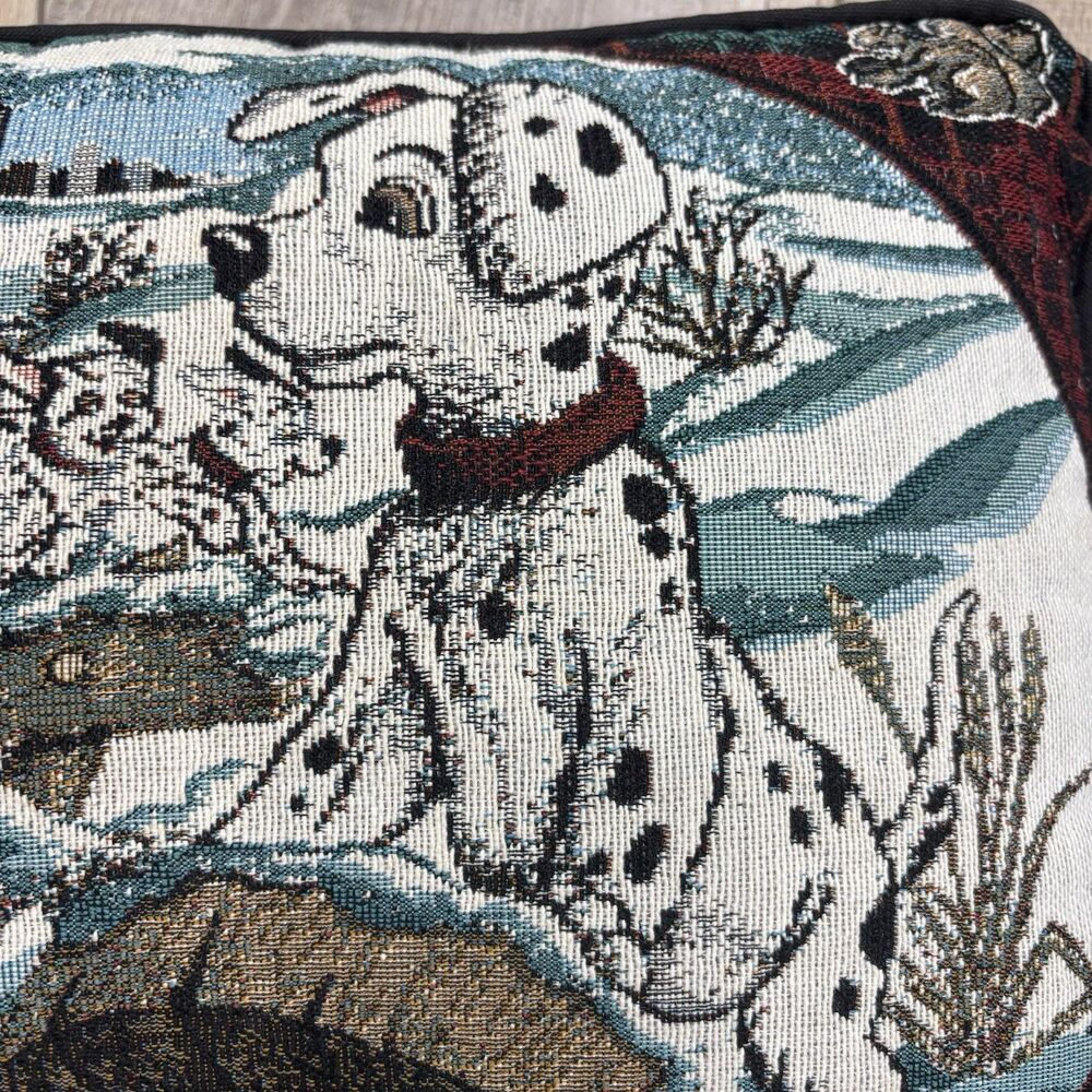 Vtg Disney 101 Dalmatians Puppy Tapestry Throw Pillow Winter Woodland 19” x 14” - Picture 3 of 11